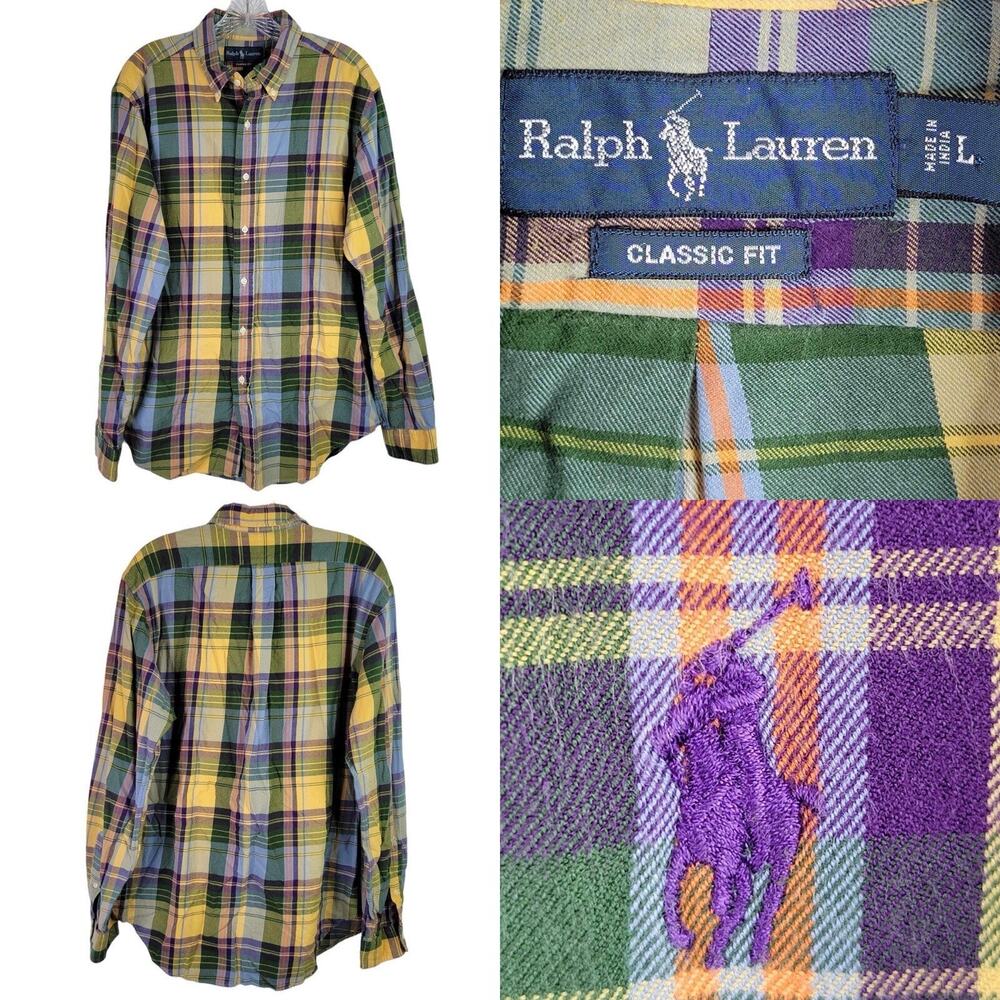 Polo Ralph Lauren Shirt Mens Large Yellow Purple Spring Plaid LS Button Up